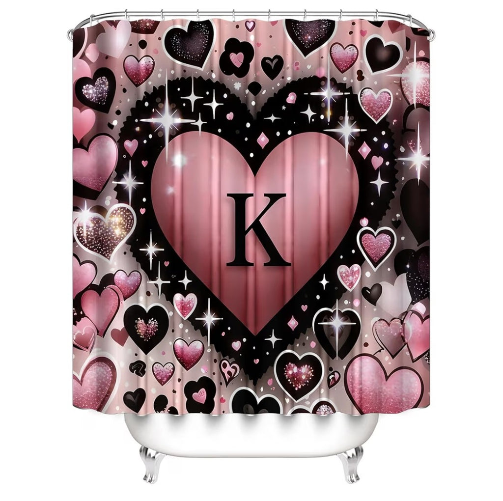 4 Piece Bathroom Rug and Curtain Set Heart with a K