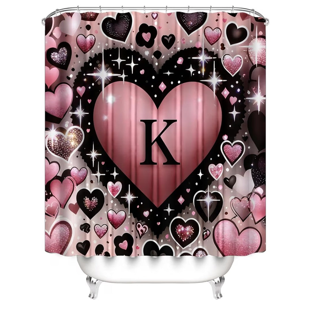 4 Piece Bathroom Rug and Curtain Set Heart with a K
