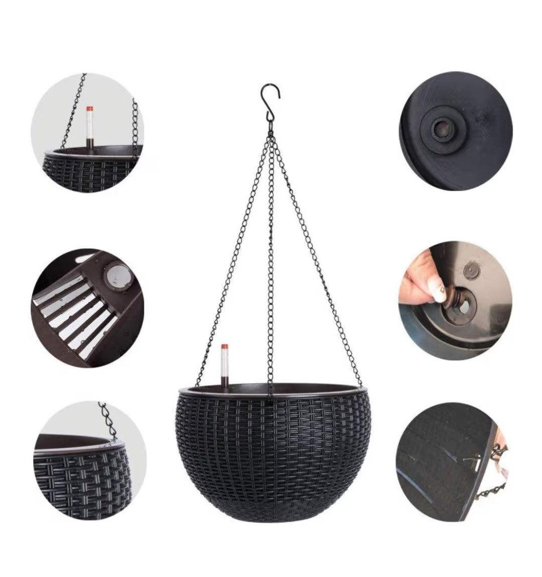 11in Round Self Watering Hanging Basket (Black)