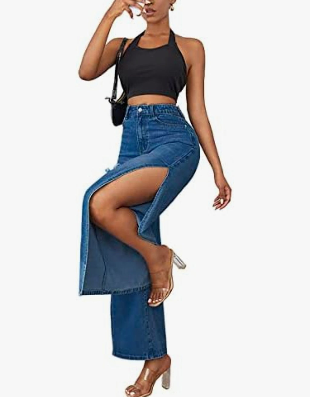 SCOMCHIC Women's High Waisted Wide Leg Ripped Jeans High Side Slit Distressed Denim Jeans Pants Relaxed Fit (Size 3XL)
