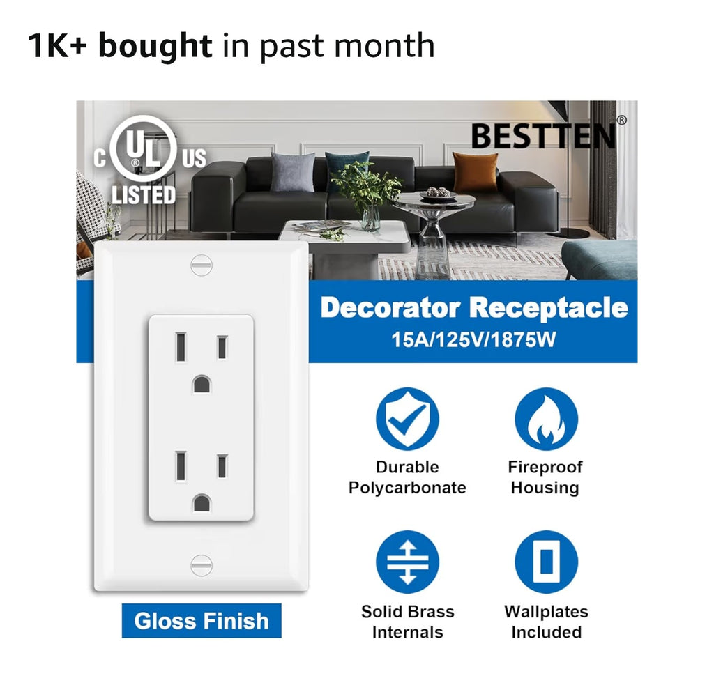 BESTTEN 20 Pack 15 Amp Decorator Wall Receptacle Outlet
