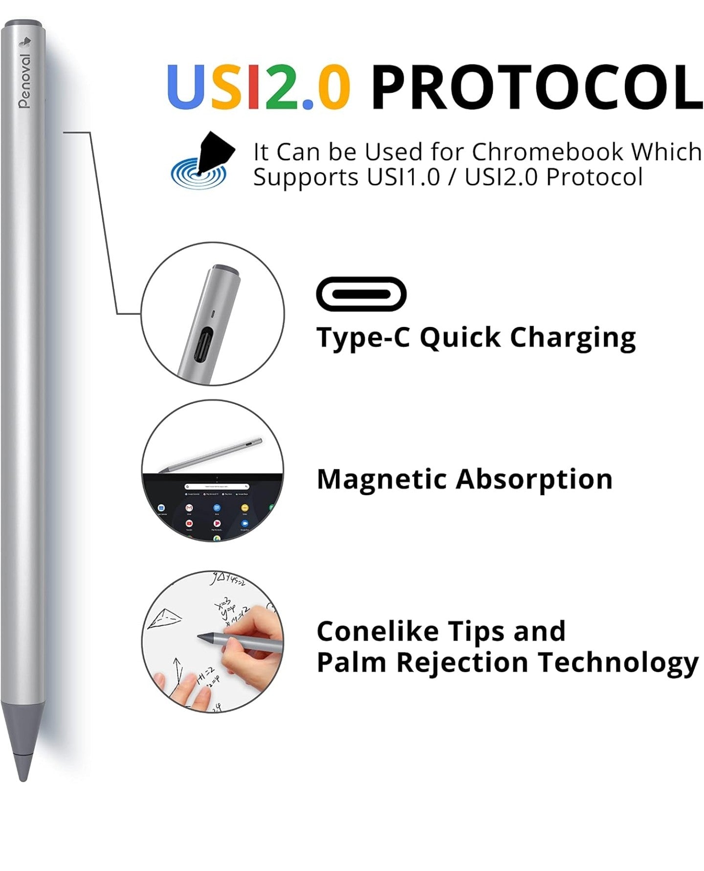 ( Open Box)Penoval USI2.0 Stylus Pen for Chromebooks - 4096 Levels Pressure for Lenovo, ASUS, HP Chrome Devices & Google Pixel Tablet