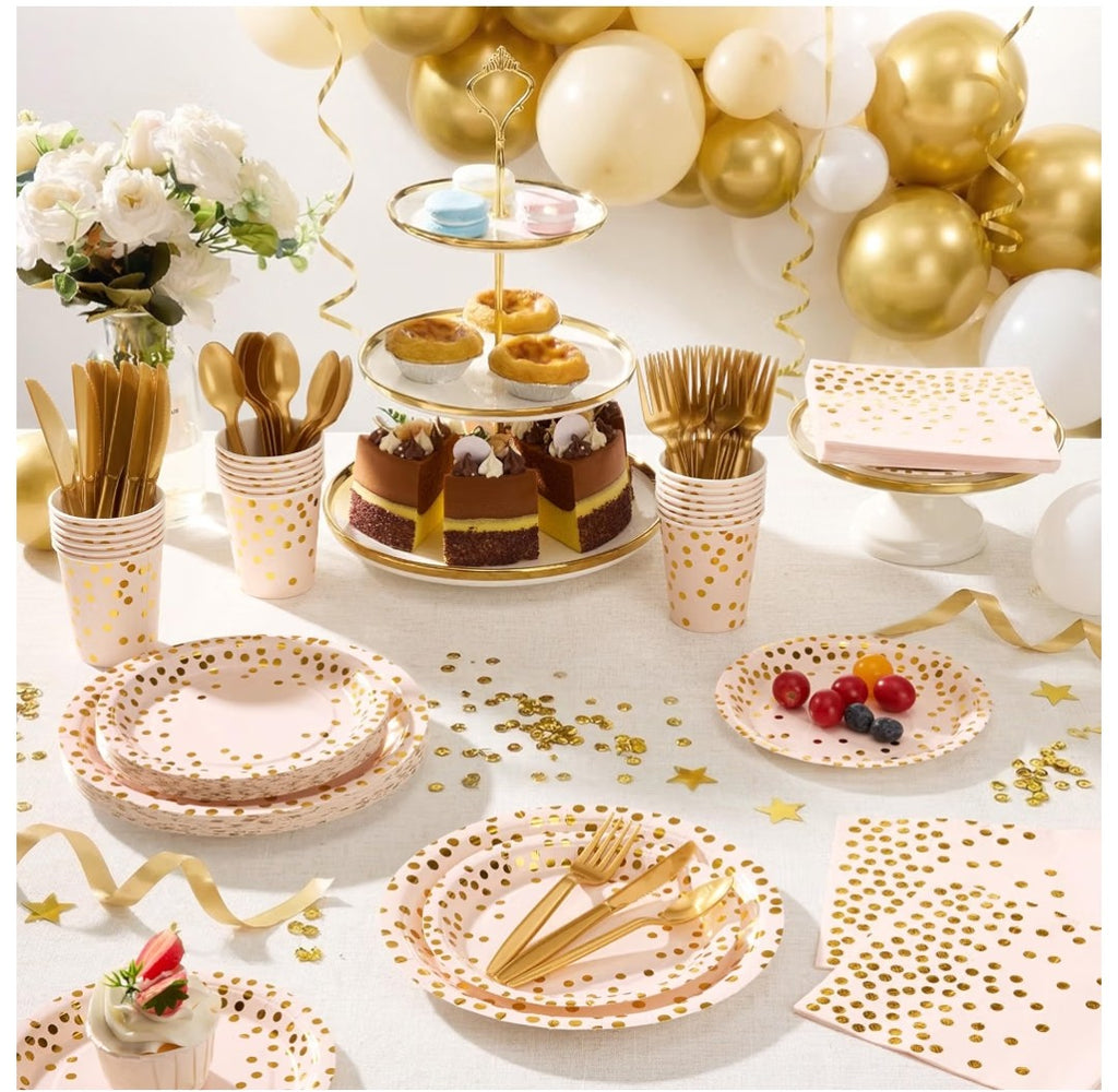175pcs Pink Gold Foil Polka Dot Party Tableware Set