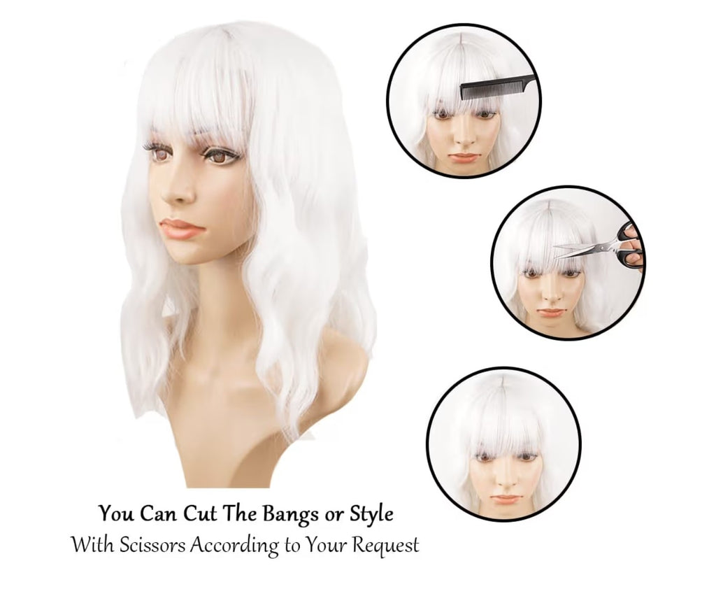 White Wavy Wigs With Bangs Short Bob Wavy Wig.