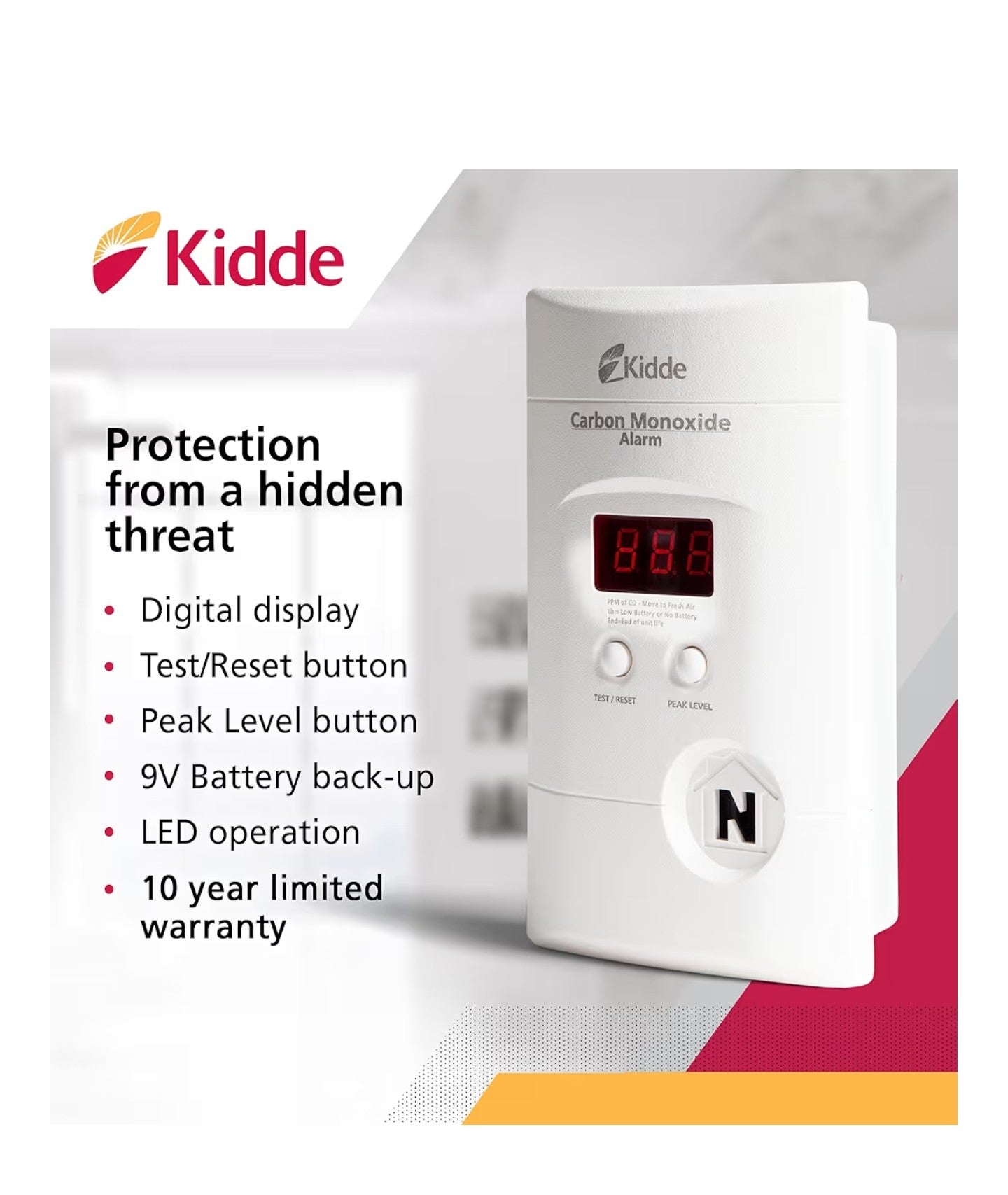 Kidde Carbon Monoxide Detector, Plug-In with 9V Battery Backup