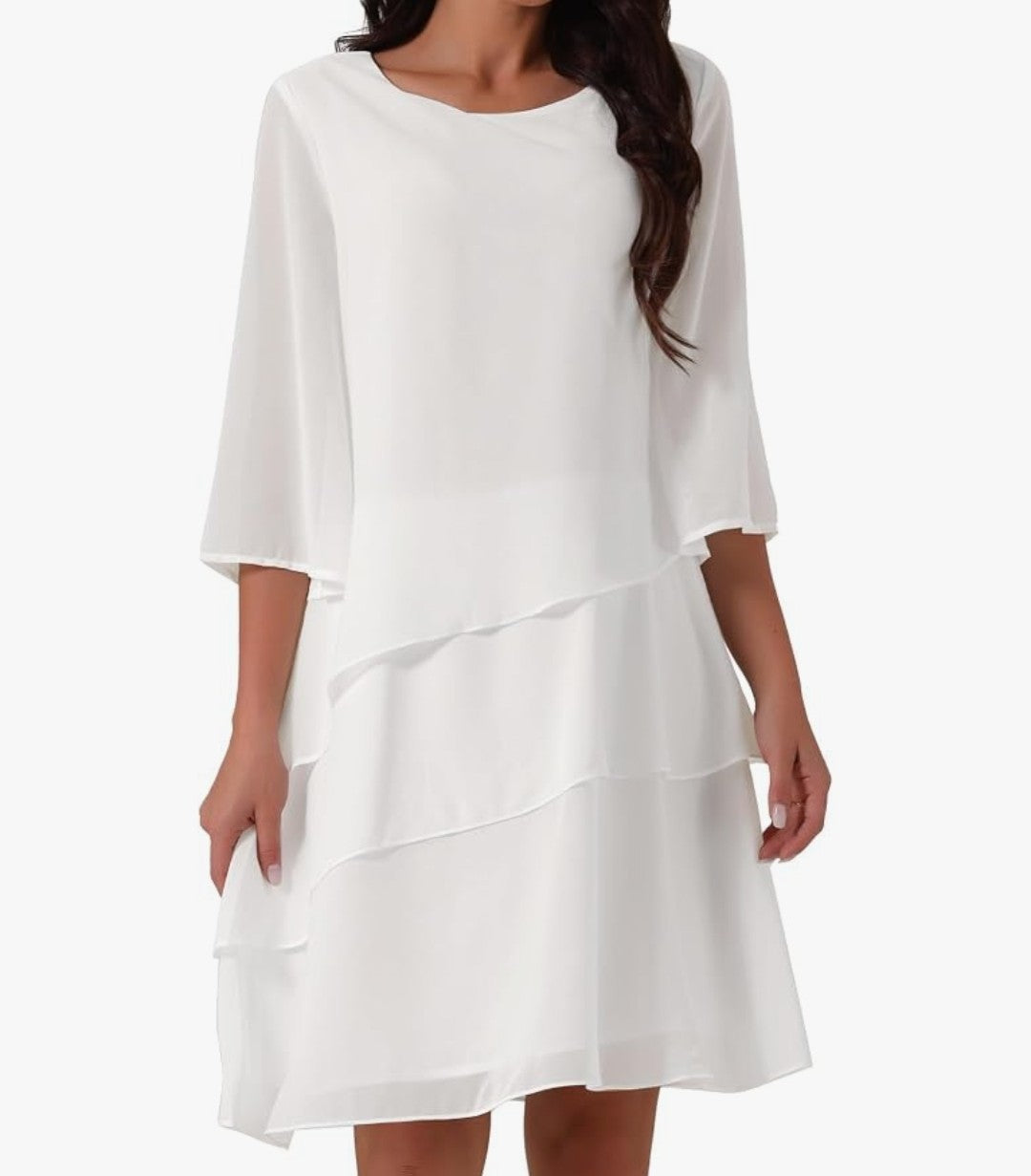 Chiffon Dress 3/4 Bell Sleeve Crewneck (Medium)