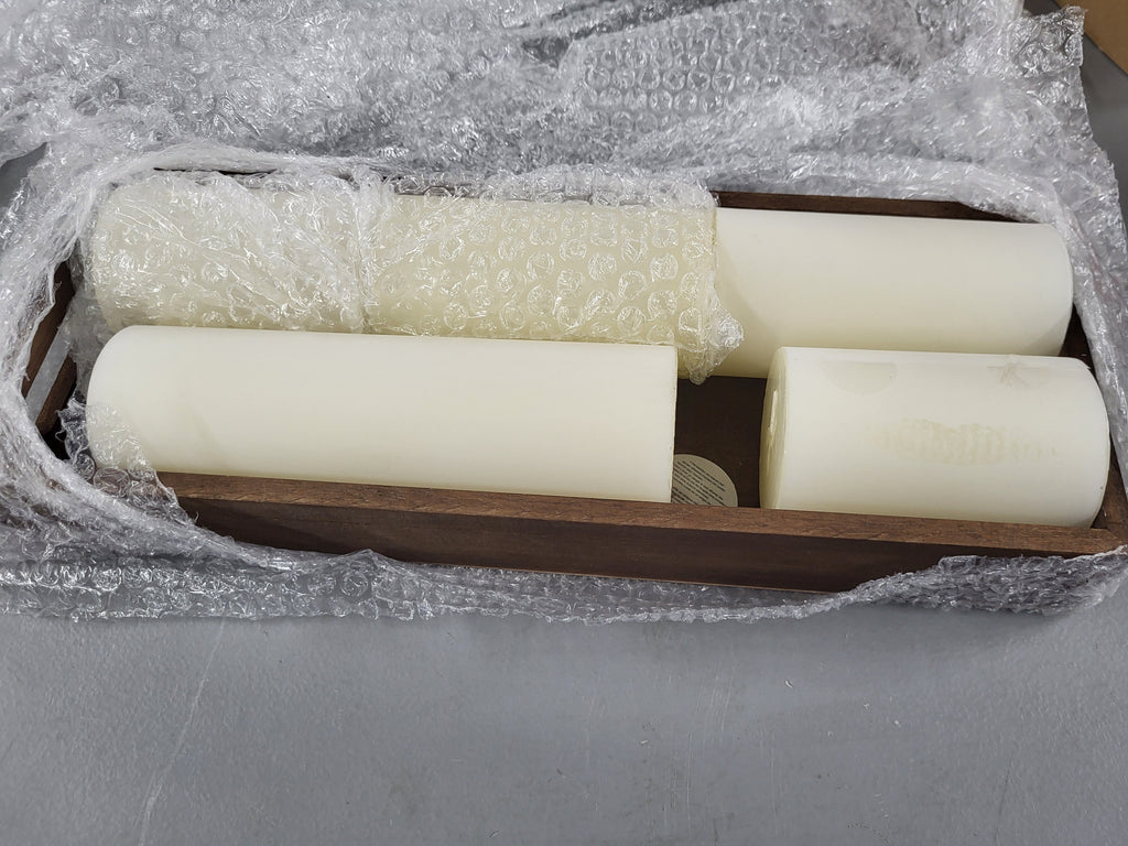 Shihanee Ivory White Pillar Candles and Long Narrow Wooden Candle Tray Set 5 Pcs Dripless Unscented Candles 1 Pcs Rustic Rectangular Centerpiece Candle Holder with Handle for Home Table Dining Kitchen