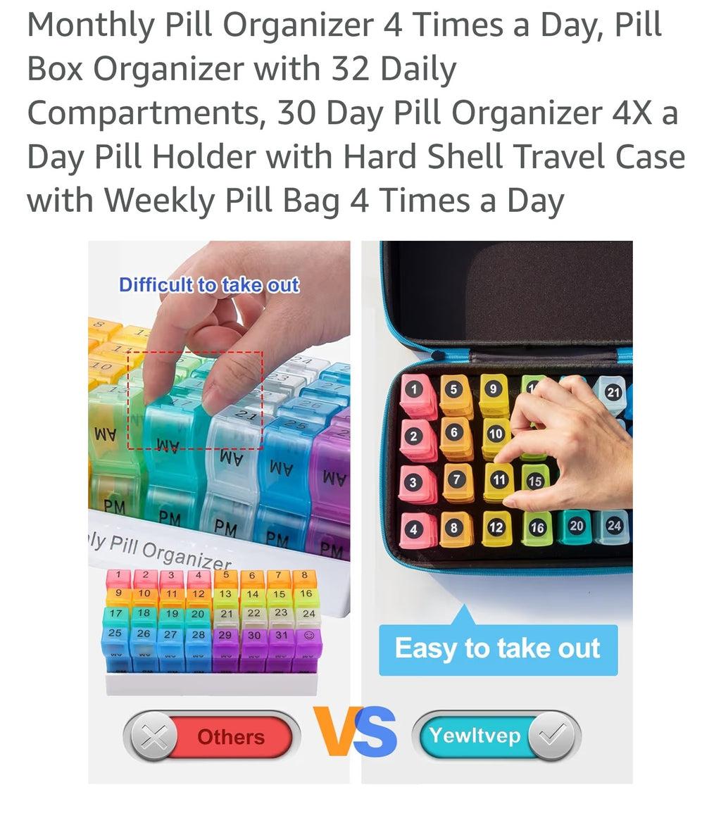 Monthly Pill Organizer 4 Times a Day, Pill Box Organizer