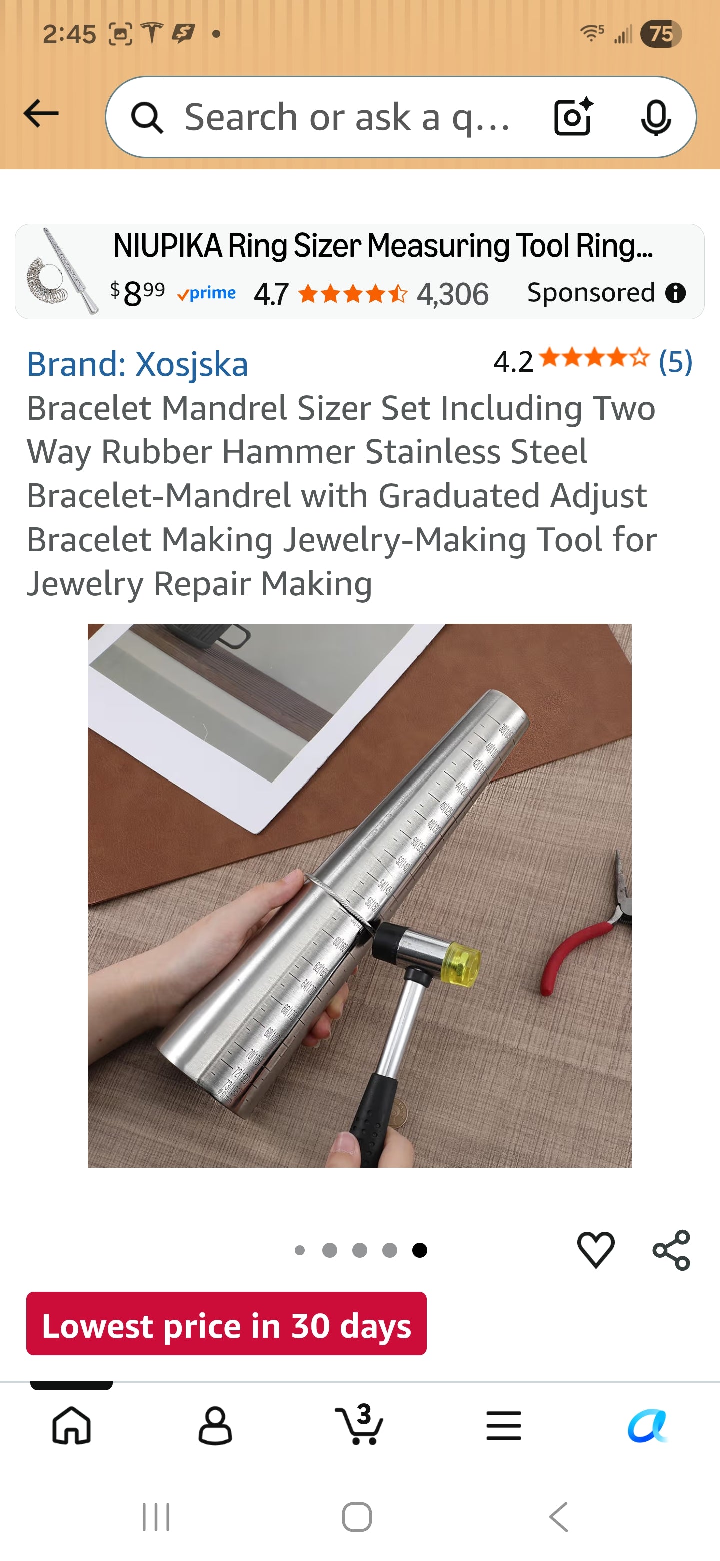 Bracelet Mandrel Sizer Set Including Two Way Rubber Hammer.
