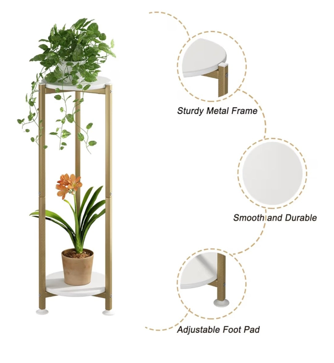 2 Tier Plant Stand with Gold Legs and White Base