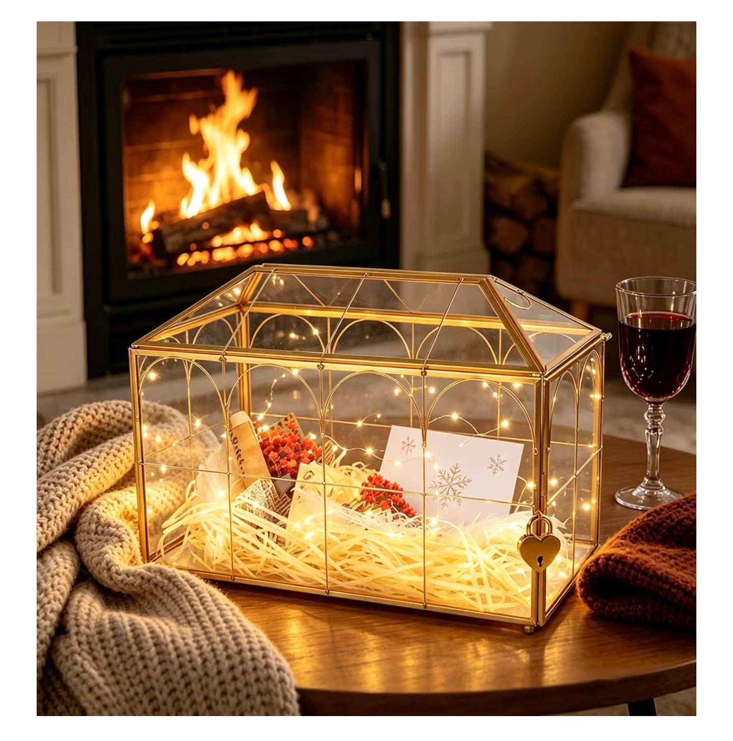 Wedding Glass Card Box with Slot 12.6 x 5.9 x 9 Inch, Vintage Gold