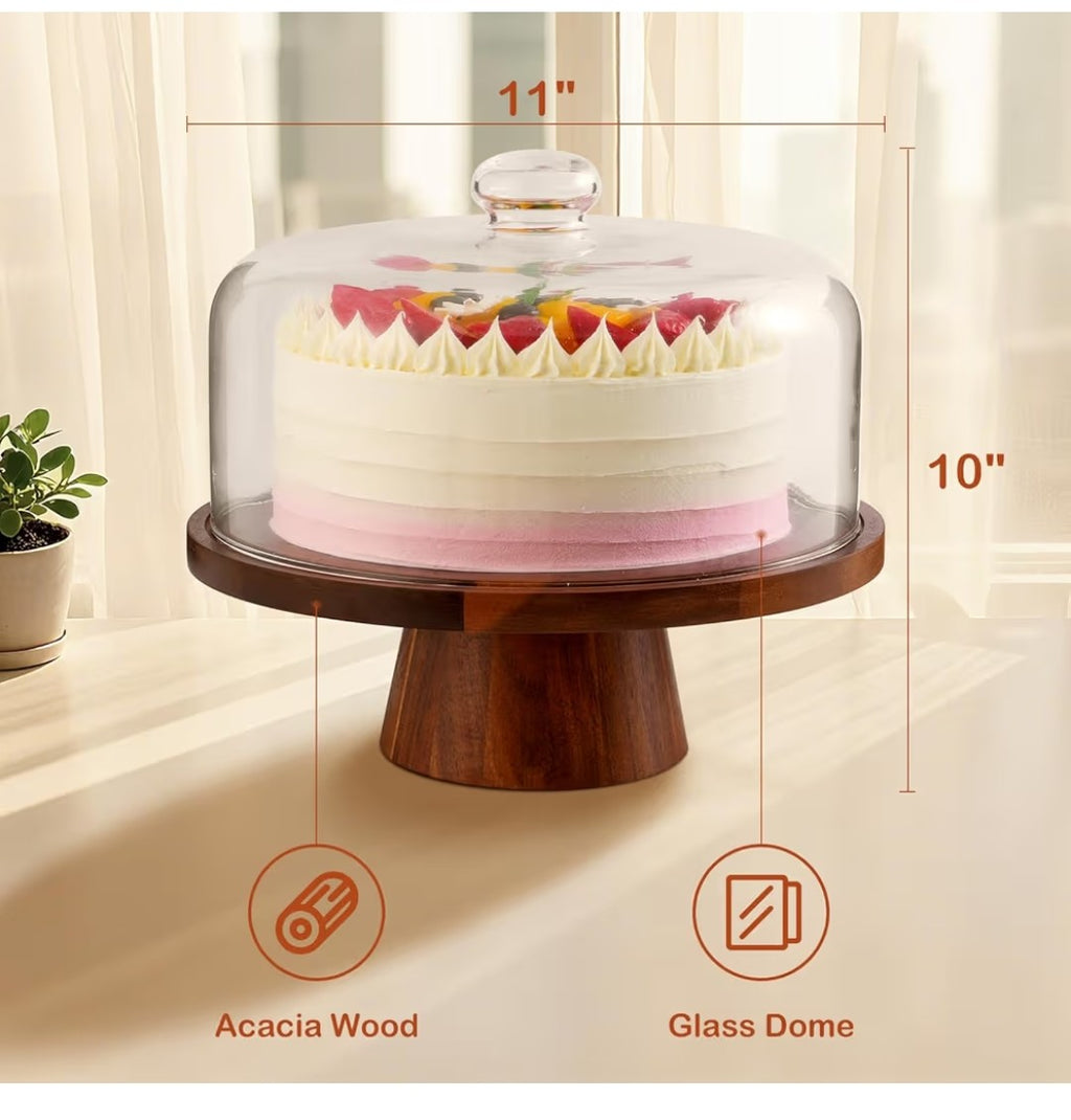 Wood Cake Stand with Glass Lid