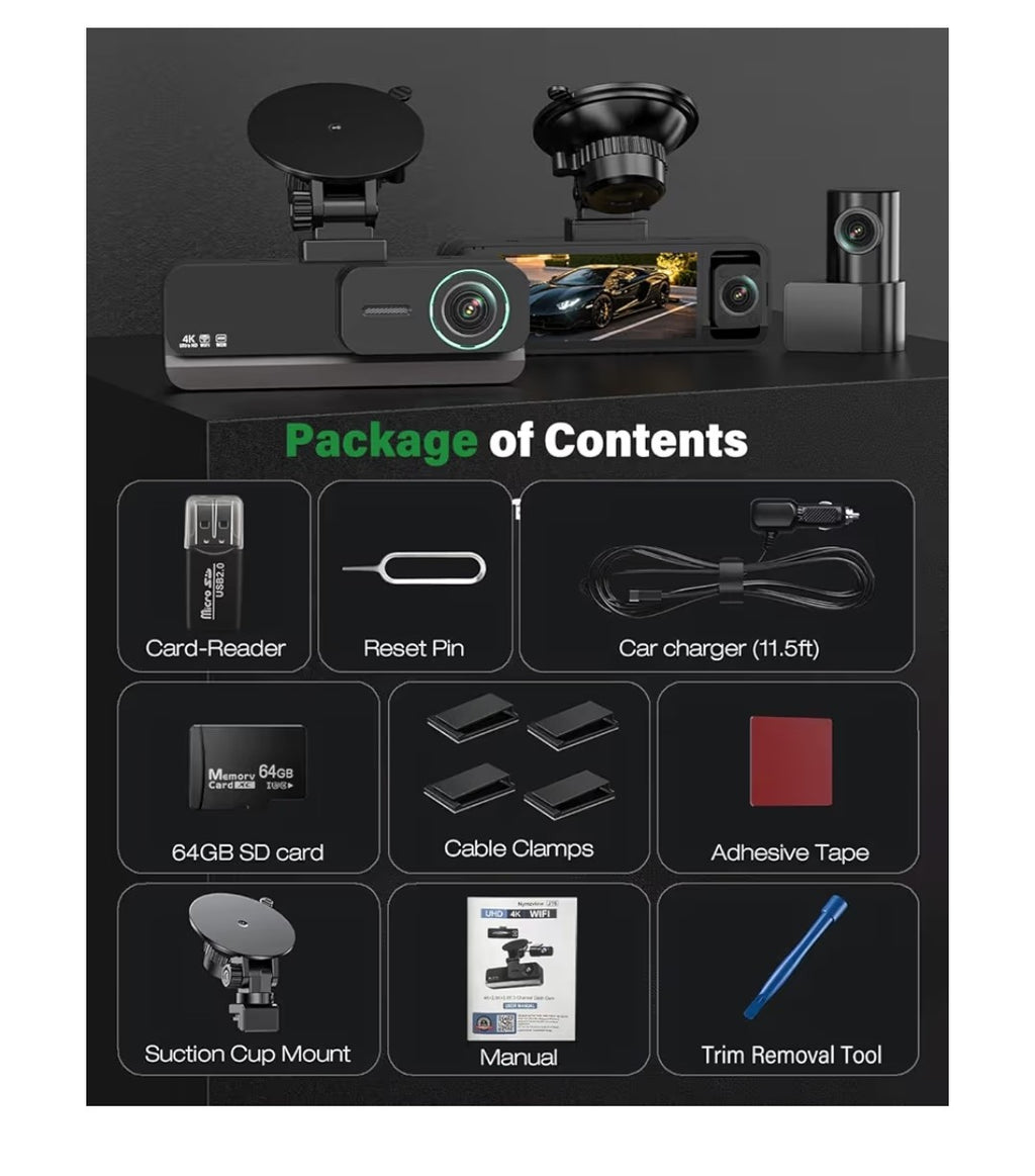 Nymzview 4K 3-Channel Wi-Fi Dash Cam