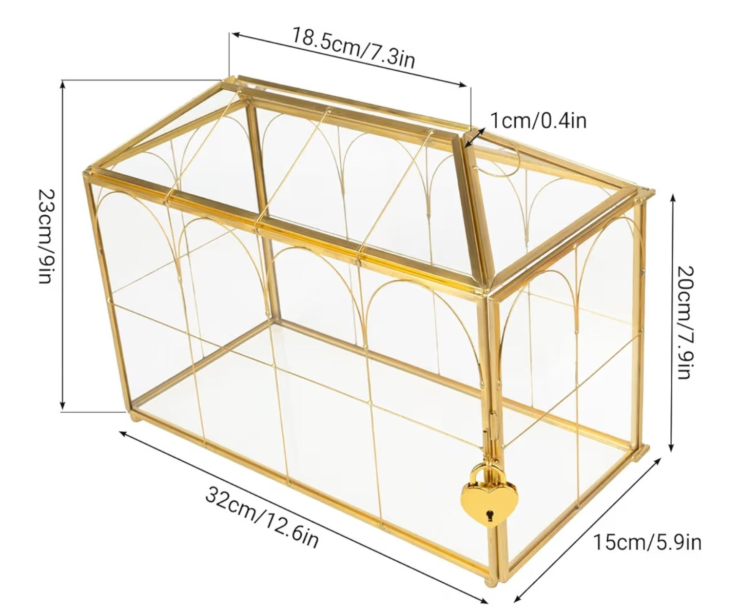 Wedding Glass Card Box with Slot 12.6 x 5.9 x 9 Inch, Vintage Gold