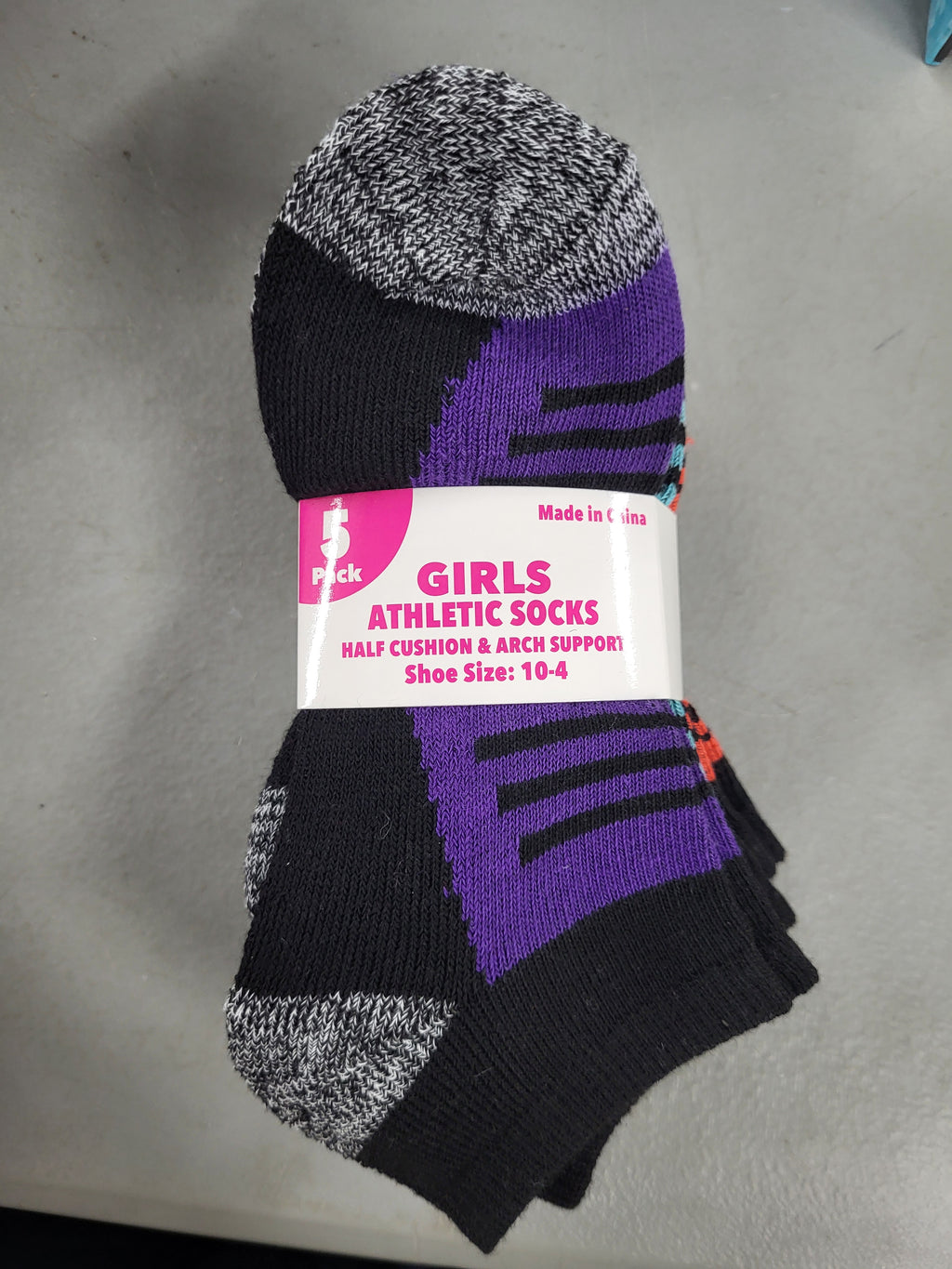 Girls Athletic Socks, 5 Pack (Shoe Size 10-4)