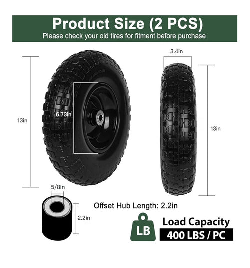 13in Solid Rubber Flat Free Tire 2pcs