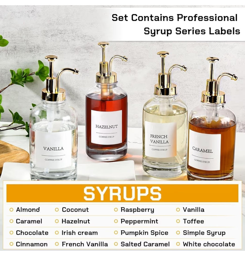 Coffee Bar Syrup Dispensers with Labels (4 pack)