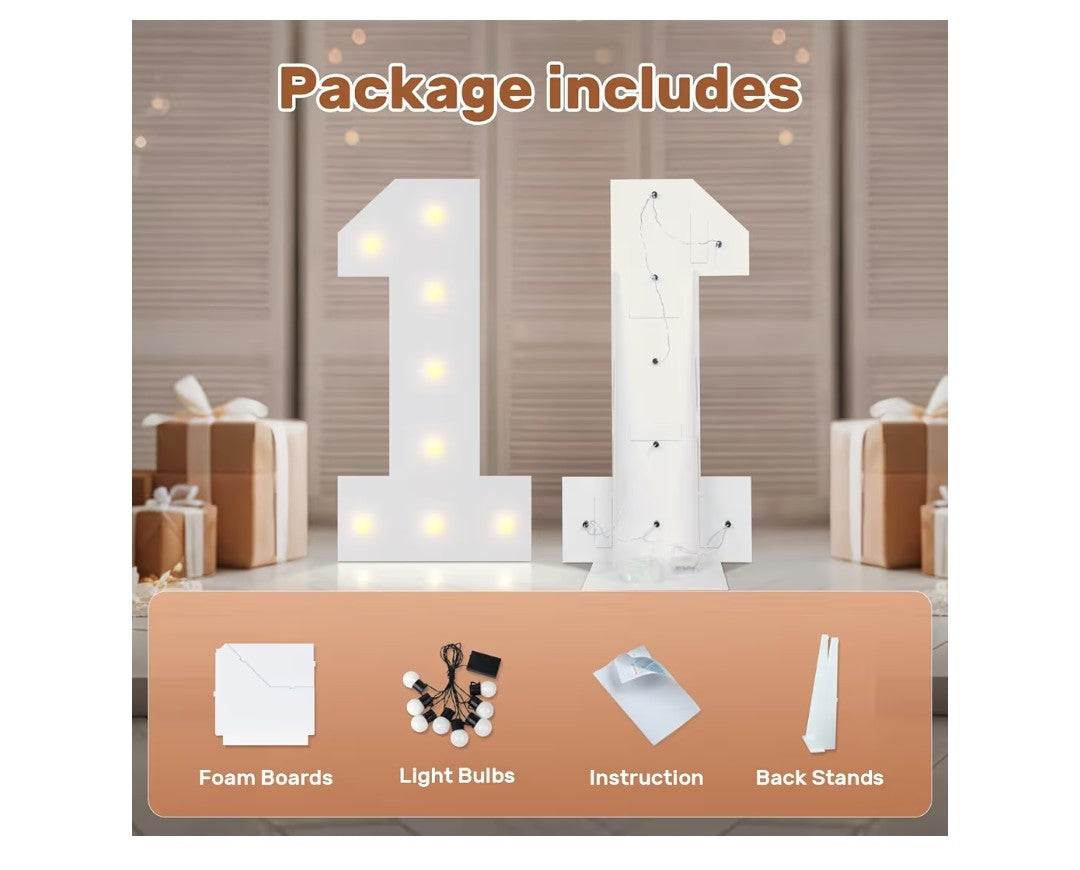 Bugame 3FT Light Up Letters, Quick 7-Min Setup No Edge Assembly Needed, Lightweight Foam Board Marquee Letters for Birthday Wedding Baby Shower Backdrop Decor, Letter O