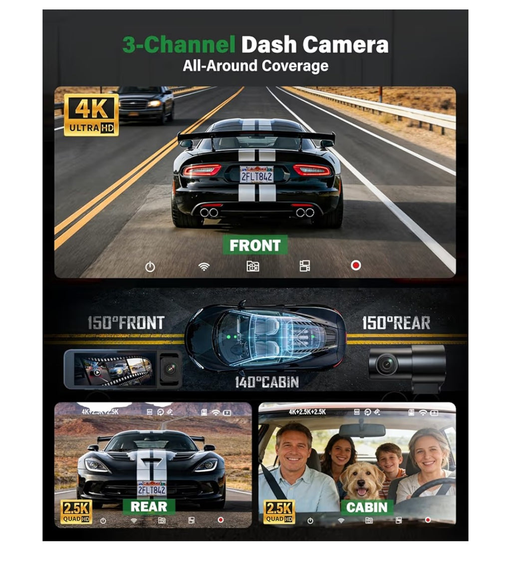 Nymzview 4K 3-Channel Wi-Fi Dash Cam