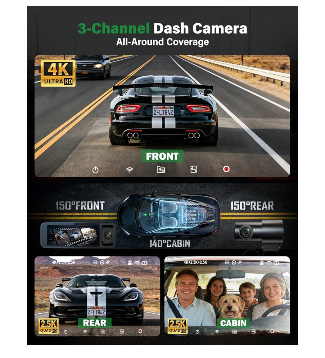 Nymzview 4K 3-Channel Wi-Fi Dash Cam