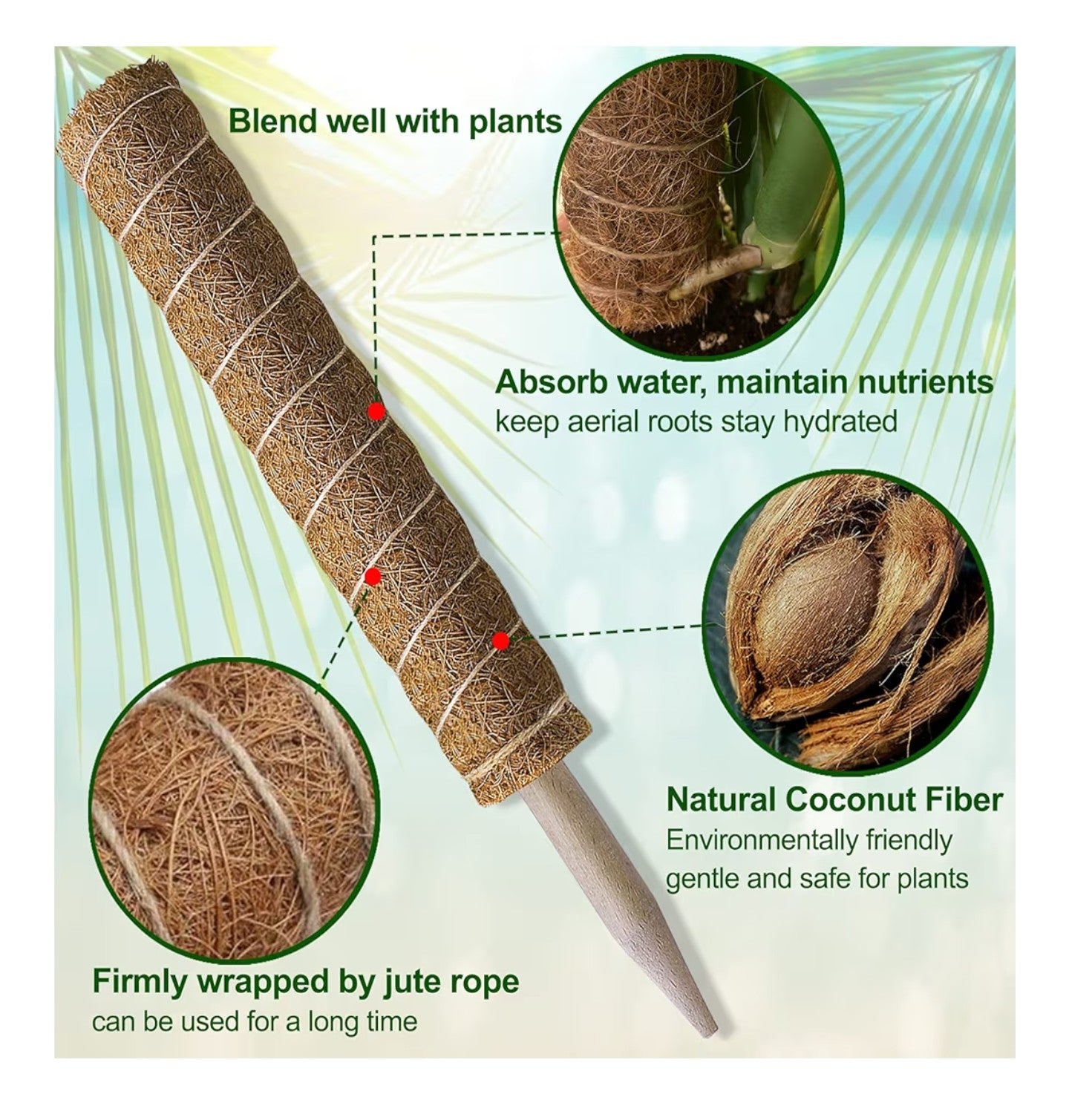 Moss Pole 47.5 Inch - Monstera Plant Support, 4 Packs 16 Inch Plant Stakes.