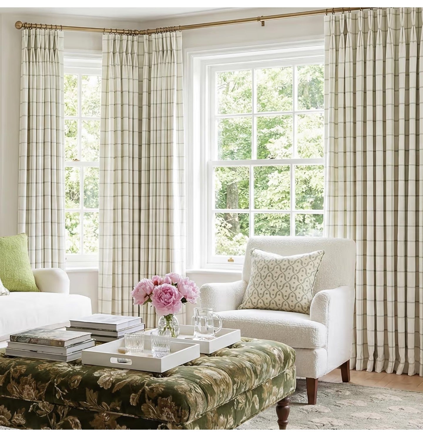 (Open box)Pinch Pleated Plaid Curtains Blackout Linen Gingham Green Curtains.