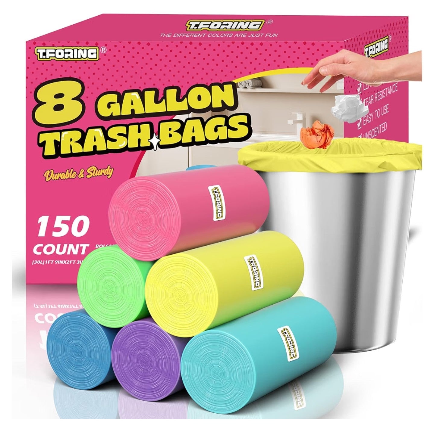 8 Gallon Trash Bags Colored - 150 Count .