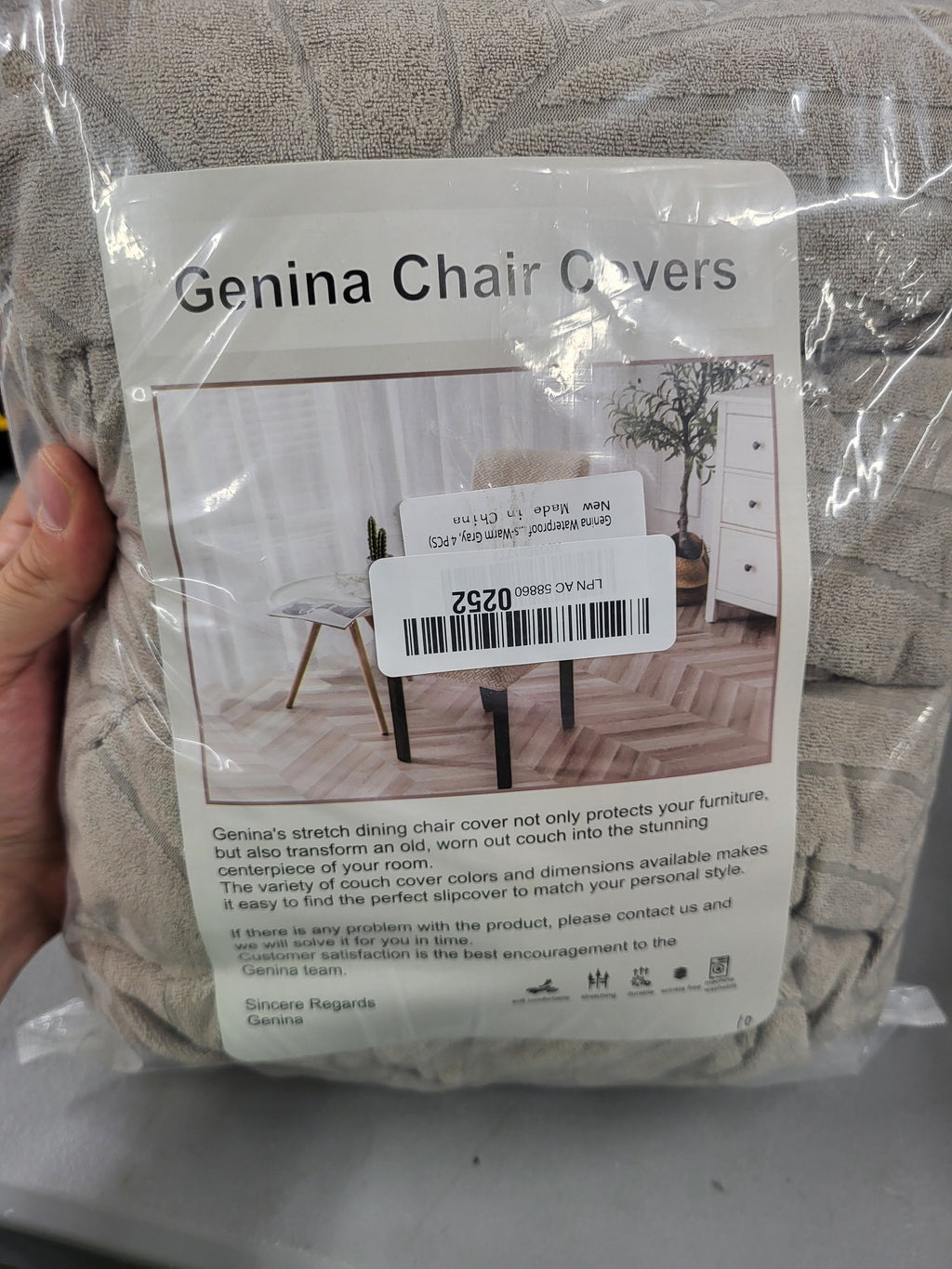 Genina 100% Waterproof Chair Covers for Dining Room Set of 4, Stretch Parson Chair Slipcovers for Kitchen Chairs, Washable Chair Protectors, Leaves-Warm Gray