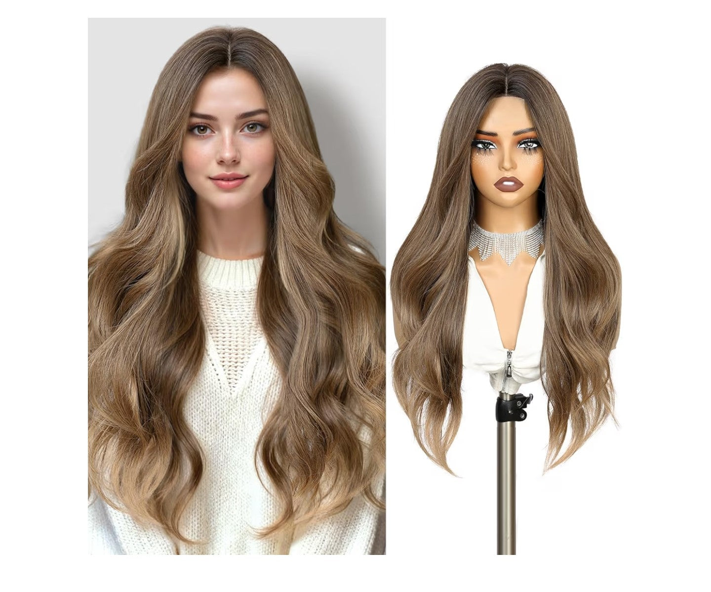 Ombre Brown Hand Tied Lace Scalp Long Curly Wavy Wigs for Women 24‘’
