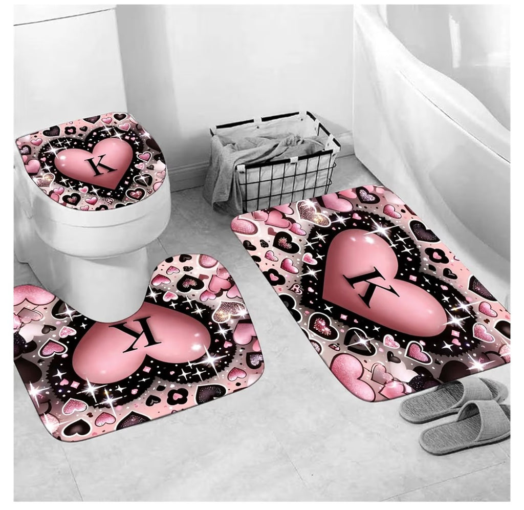 4 Piece Bathroom Rug and Curtain Set Heart with a K