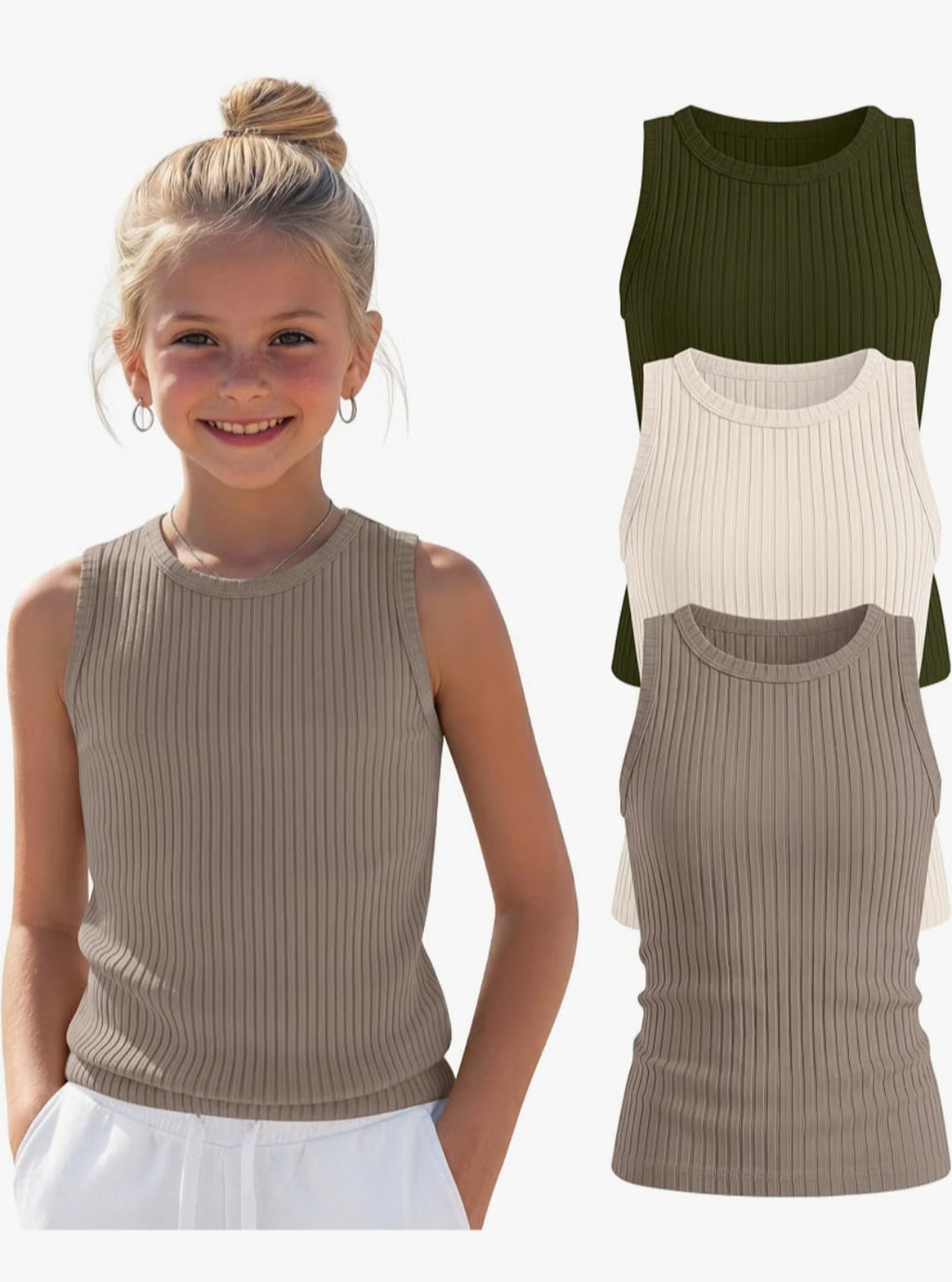 Girls Ribbed Tank Top, 3 Pack (9-10Y)