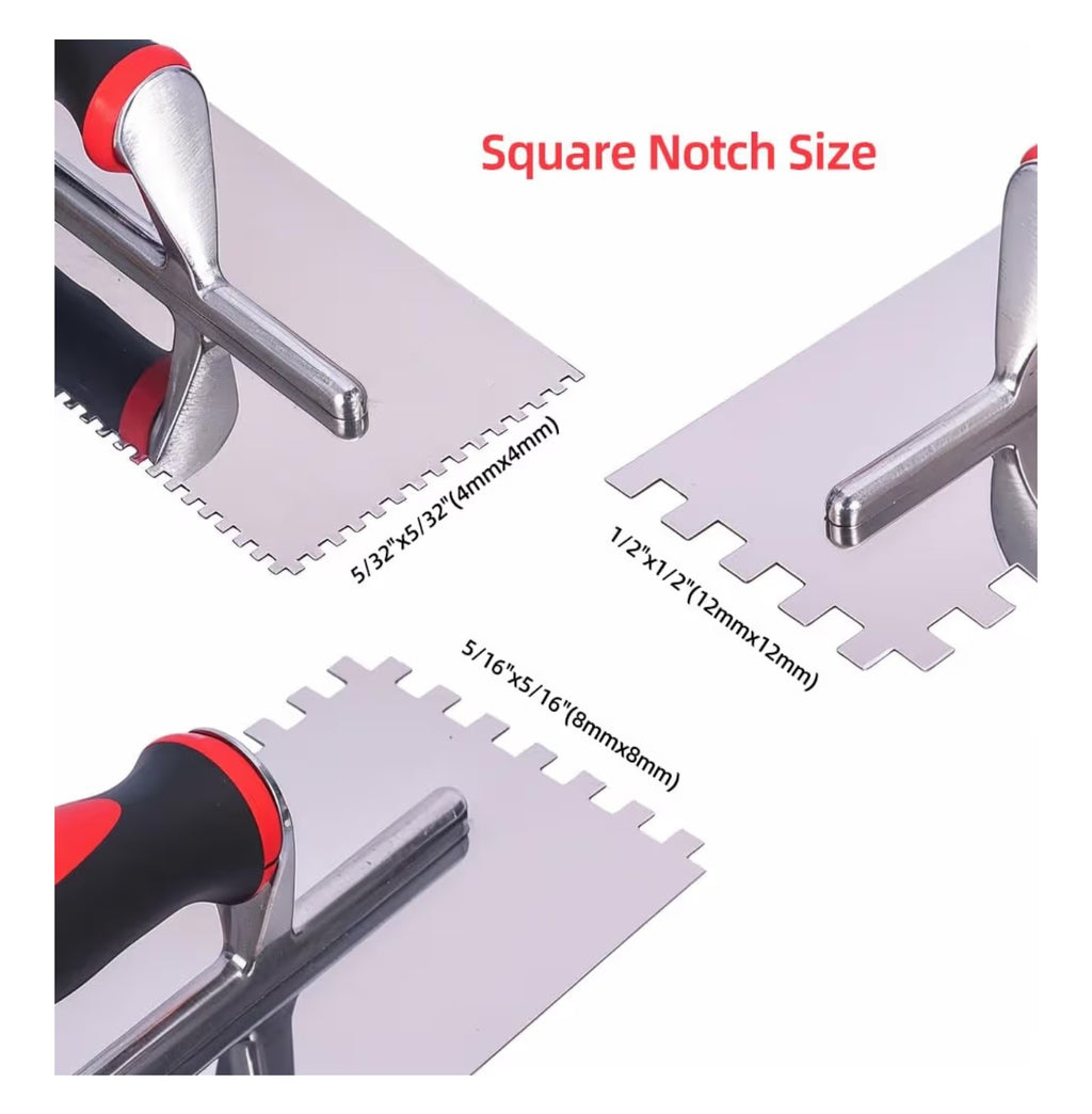 Stainless Steel Square Notched Trowel Set - 3 Piece Kit (5/32", 5/16", 1/2" Notch Sizes)