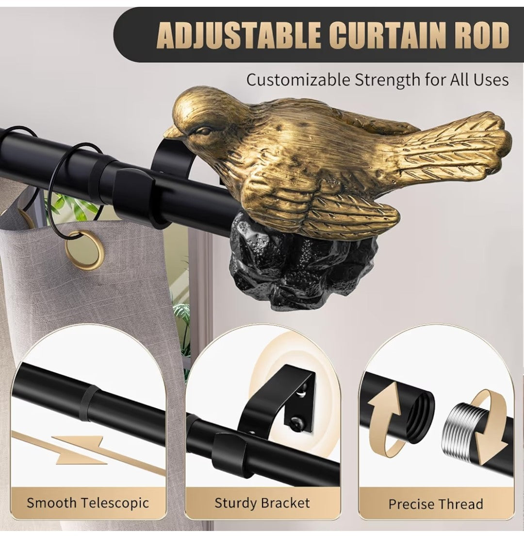Kveeo Vintage Gold Curtain Rod with Bird Ends (48-90in)