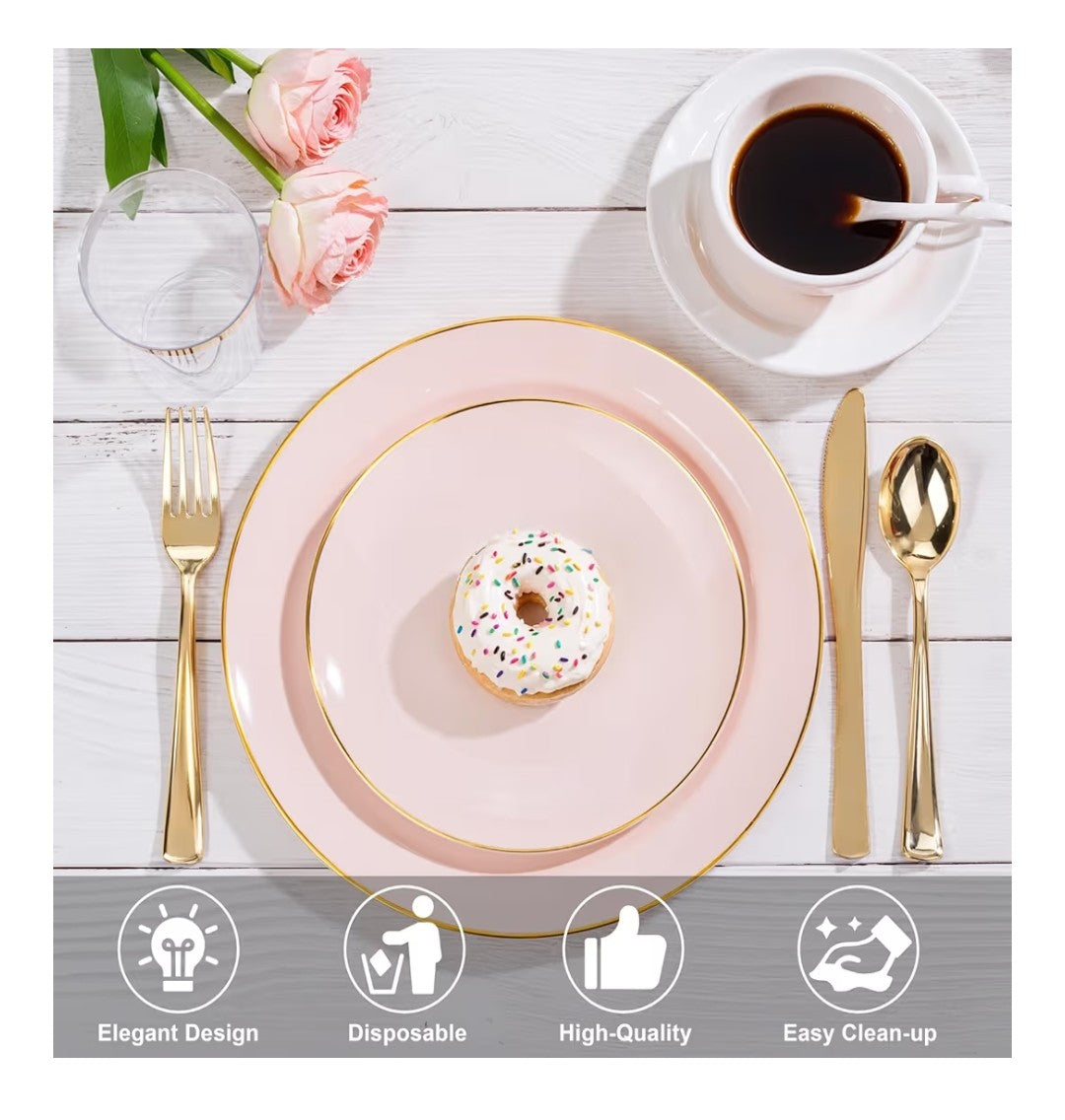 Nervure 100pc Pink and Gold Plastic Plates