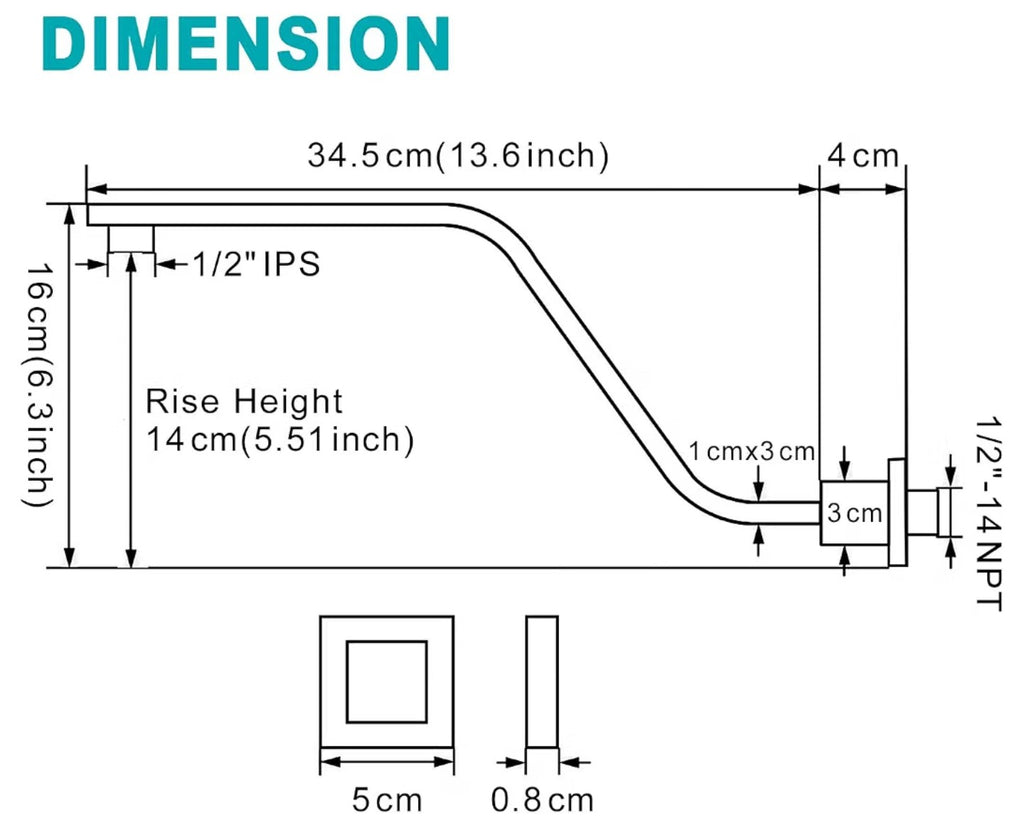 16 Inch S Shape Matte Black Shower Head Arm, Square Wall Mounted Shower Arm and Flange Included
