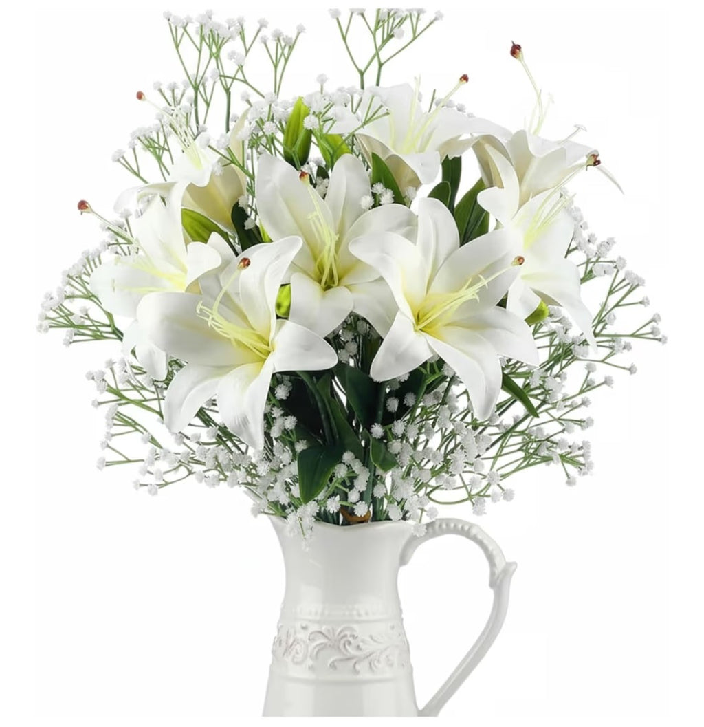 Artificial White Lilies with Baby's Breath 18 pcs