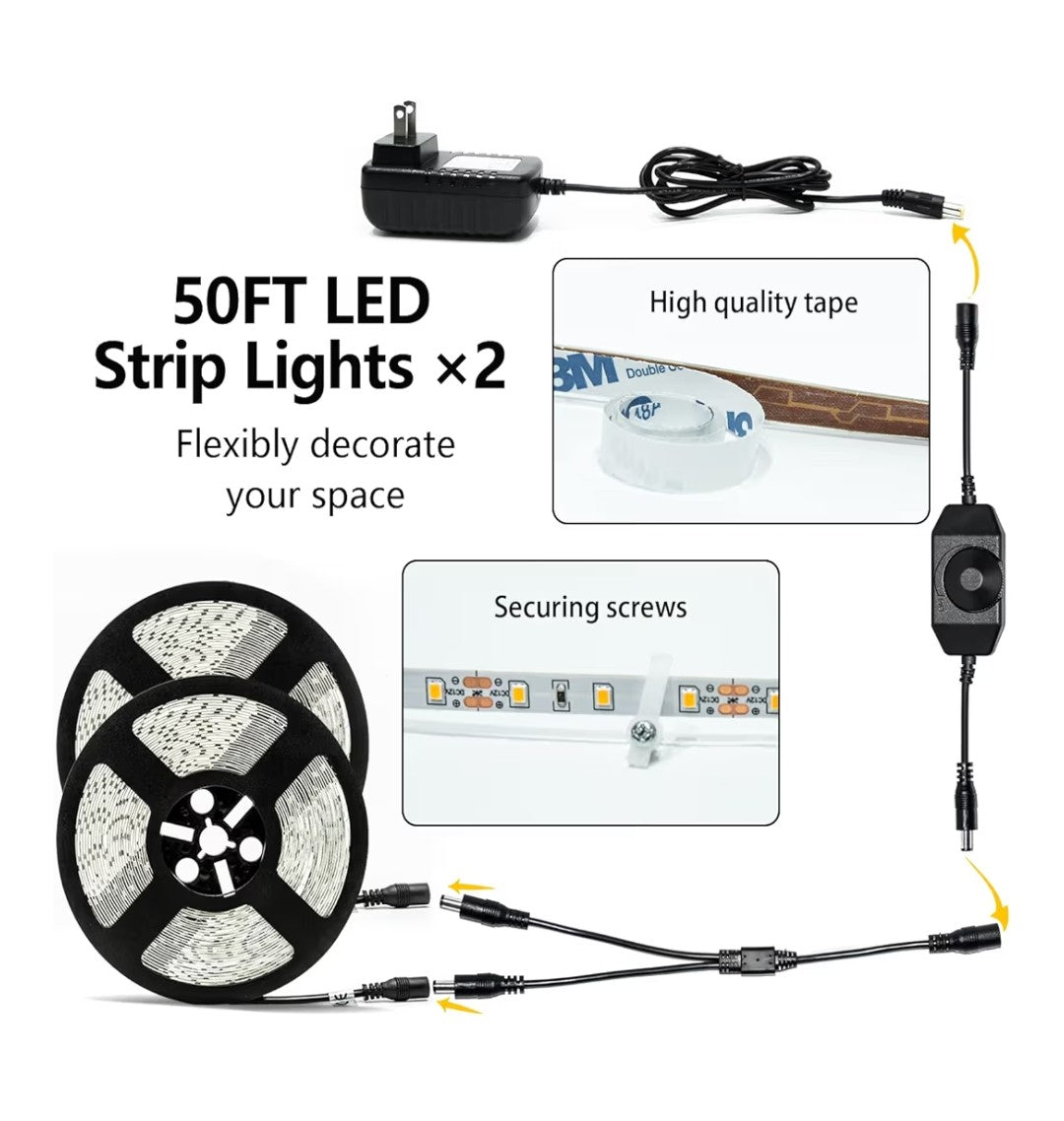 LED Strip Lights 50ft x 2 Dimmable White Light