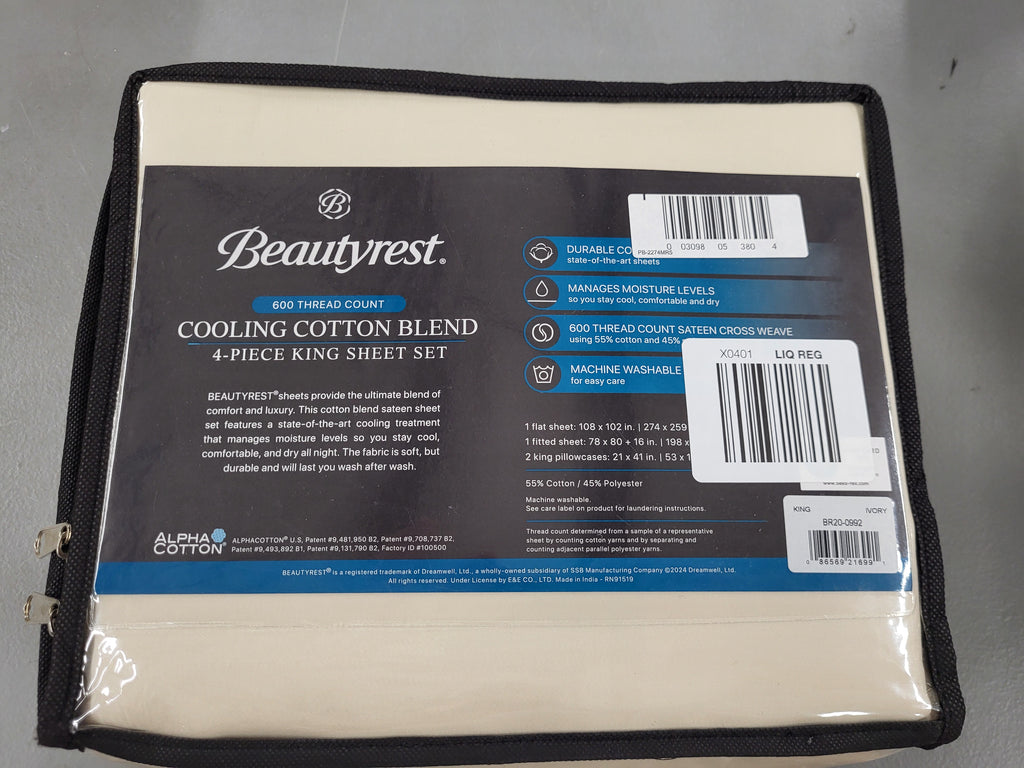 Beautyrest 4 piece sheet set, 600 thread count, cooling cotton blend, 1 flat sheet, 1 fitted sheet, 2 pillowcases, Ivory, King