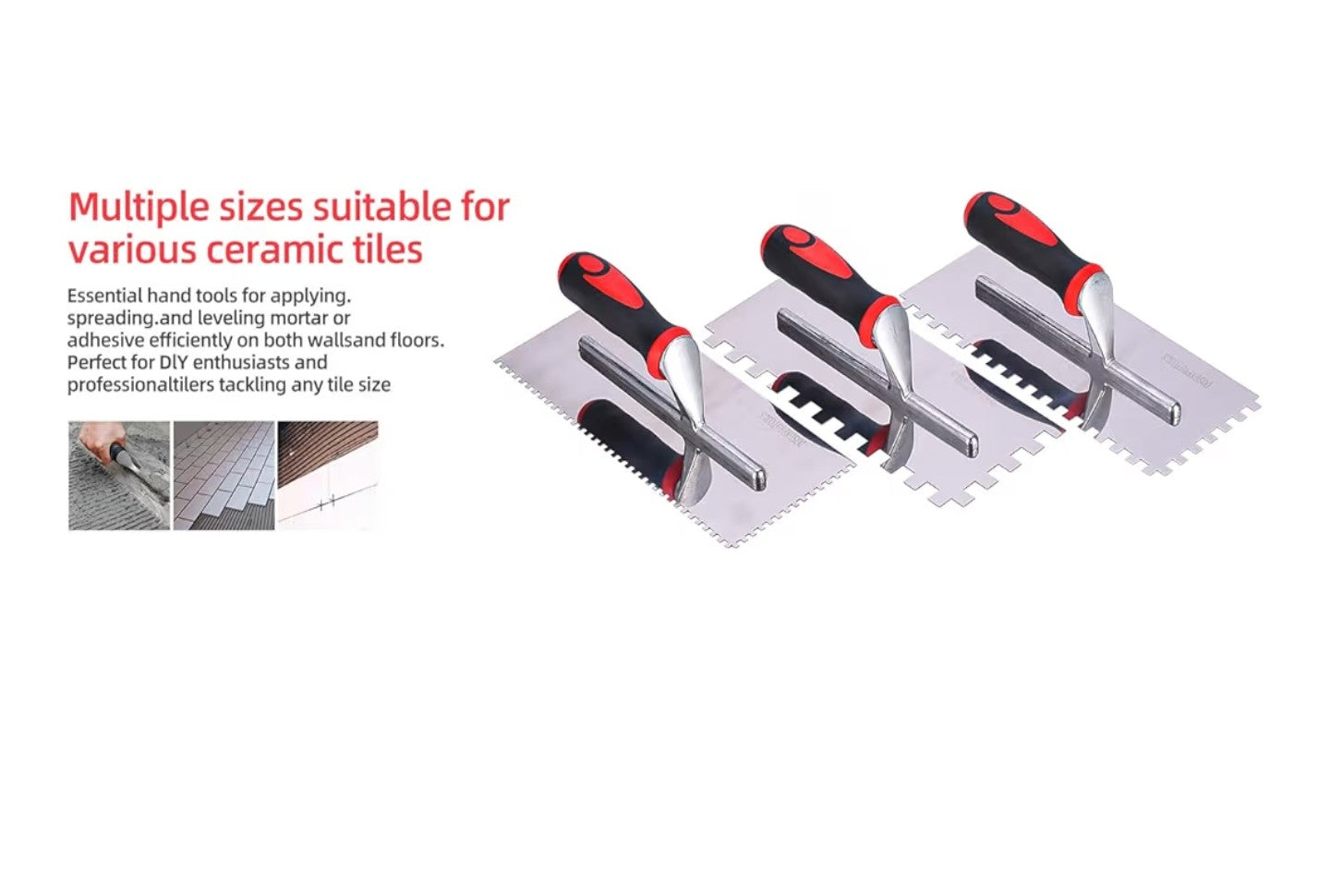 Stainless Steel Square Notched Trowel Set - 3 Piece Kit (5/32", 5/16", 1/2" Notch Sizes)