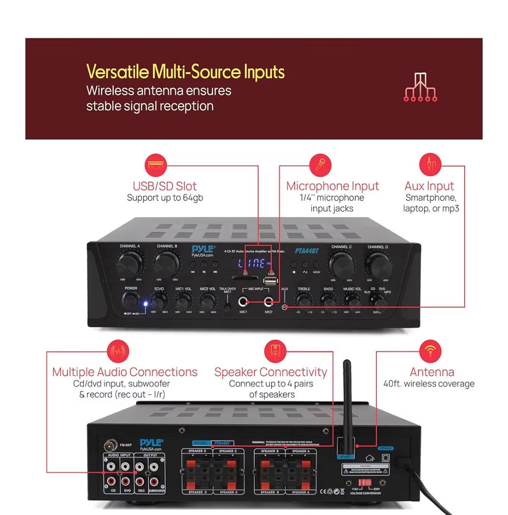 Pyle 4-Channel Audio Amplifier (PTA44BT)