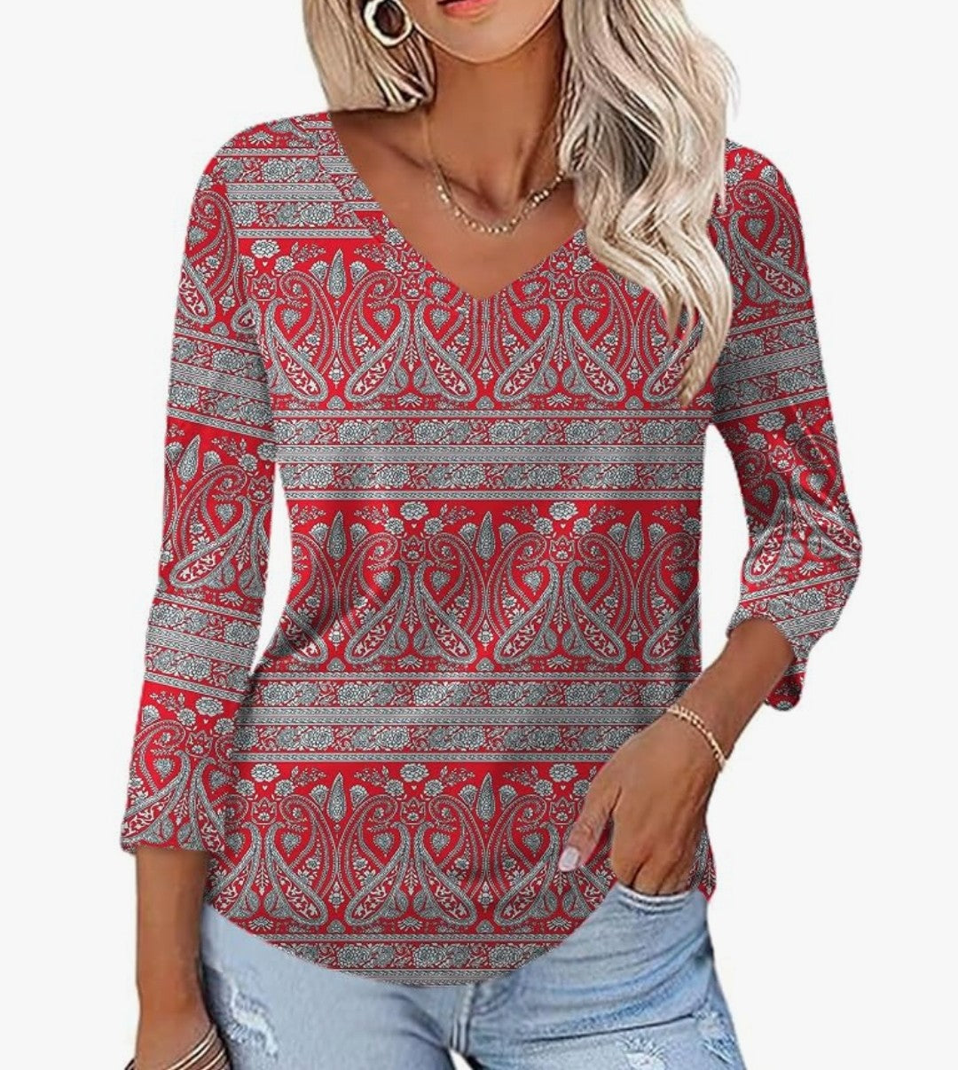 3/4 Sleeve V Neck Blouse (XL)