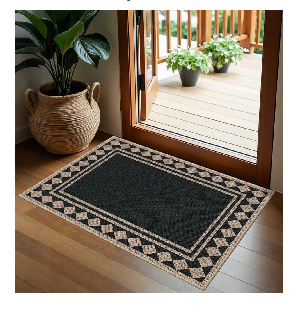 Easy Jute 2x3 Black Checkered Area Rug,Washable.