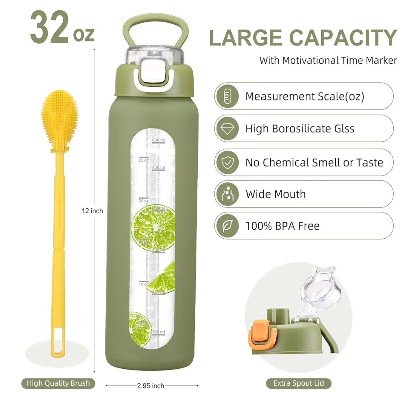 chunmo 32 oz Glass Water Bottle