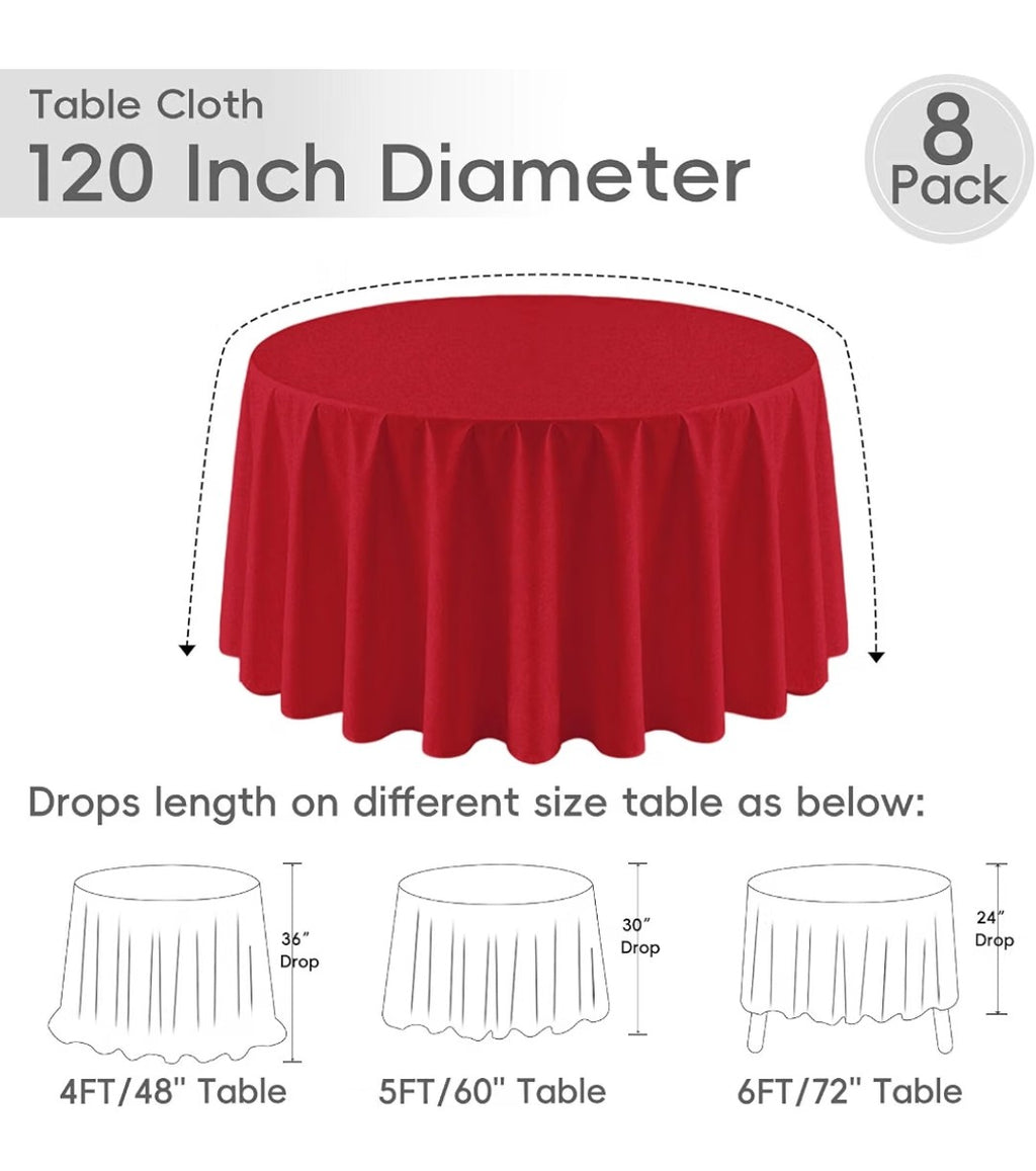 RestfulGlow 8 Pack Red Round Tablecloth 120 Inch