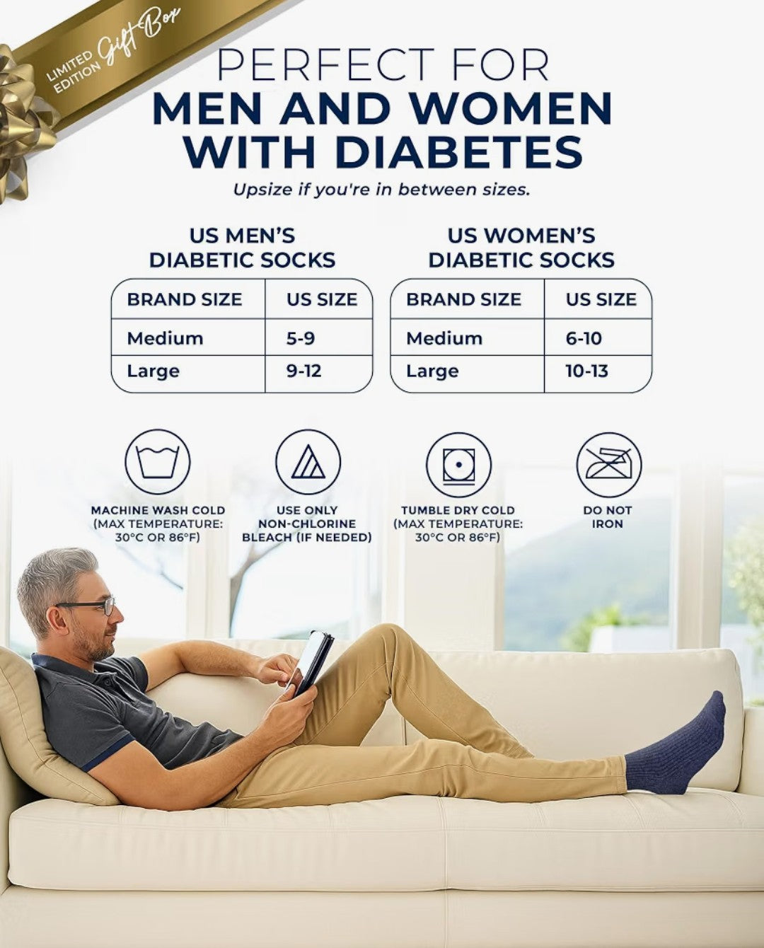 Prembrook Diabetic Socks, 6 Pairs (Large)