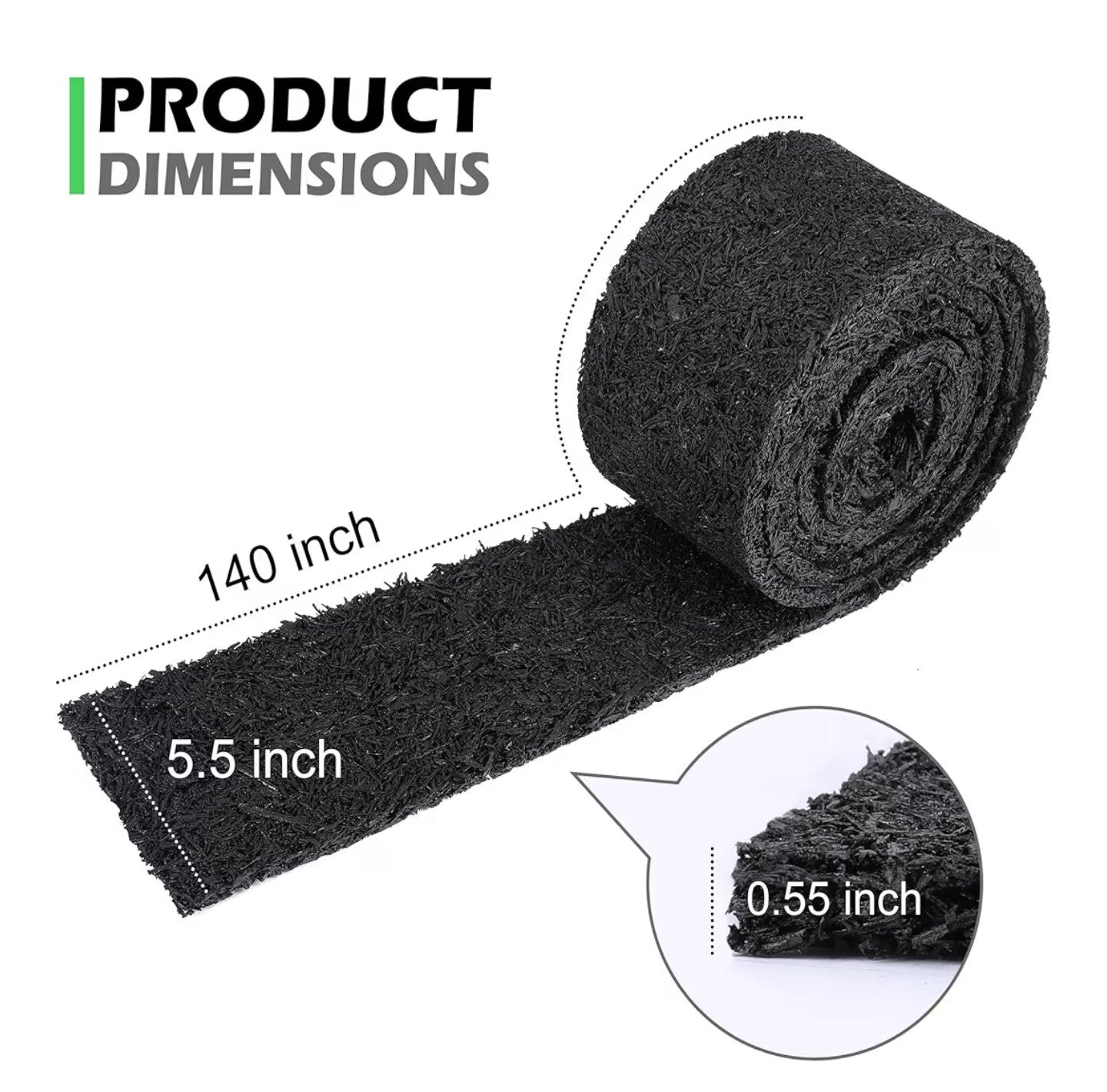 Adnee 140'' x 5.5" Double Sided Rubber Mulch Roll, Black Recycled Rubber